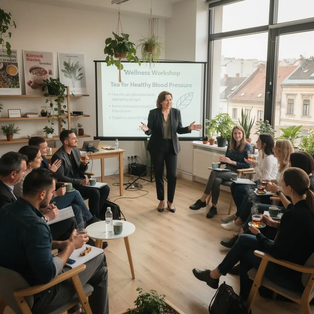 Teázó asztal, ami friss gyümölcsök és sütemények mellett áll.