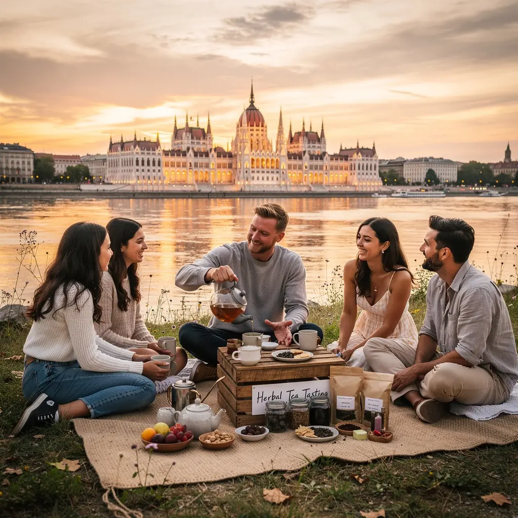 Gyógytea készítése egy konyhában, friss gyógynövényekkel.